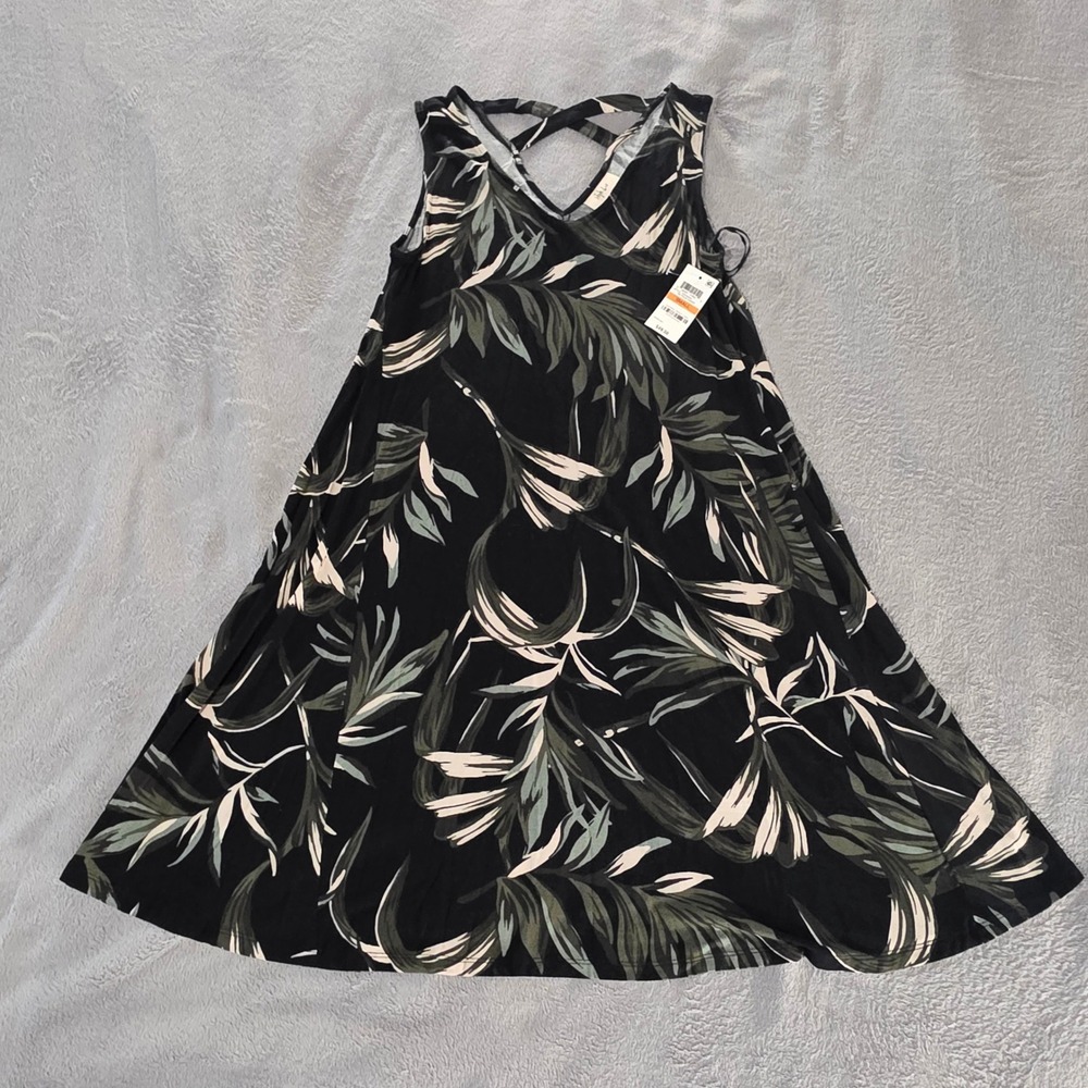 Style & Co Womens Tropical Palm Print Strappy Back Swing Dress Black Small NWT